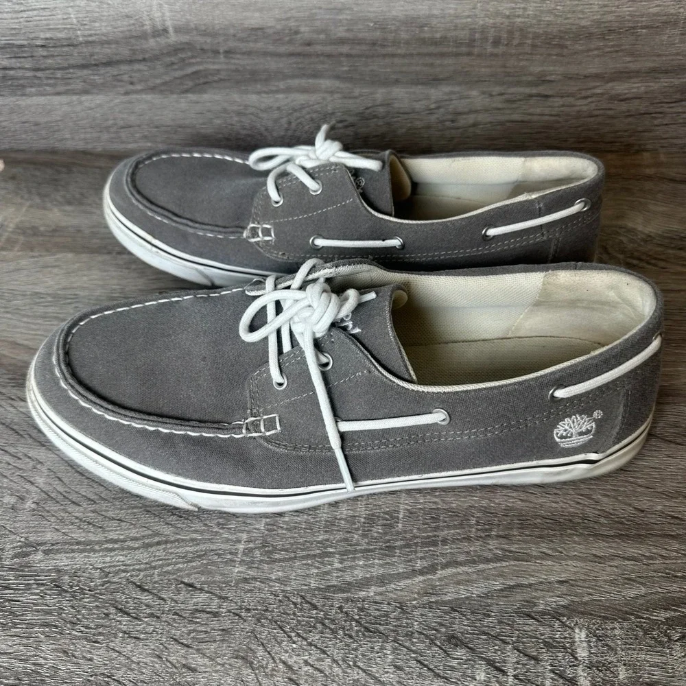 Timberland Sneakers Mens 11.5 Grey Canvas Boat Shoes Low Top Loafers Casual READ